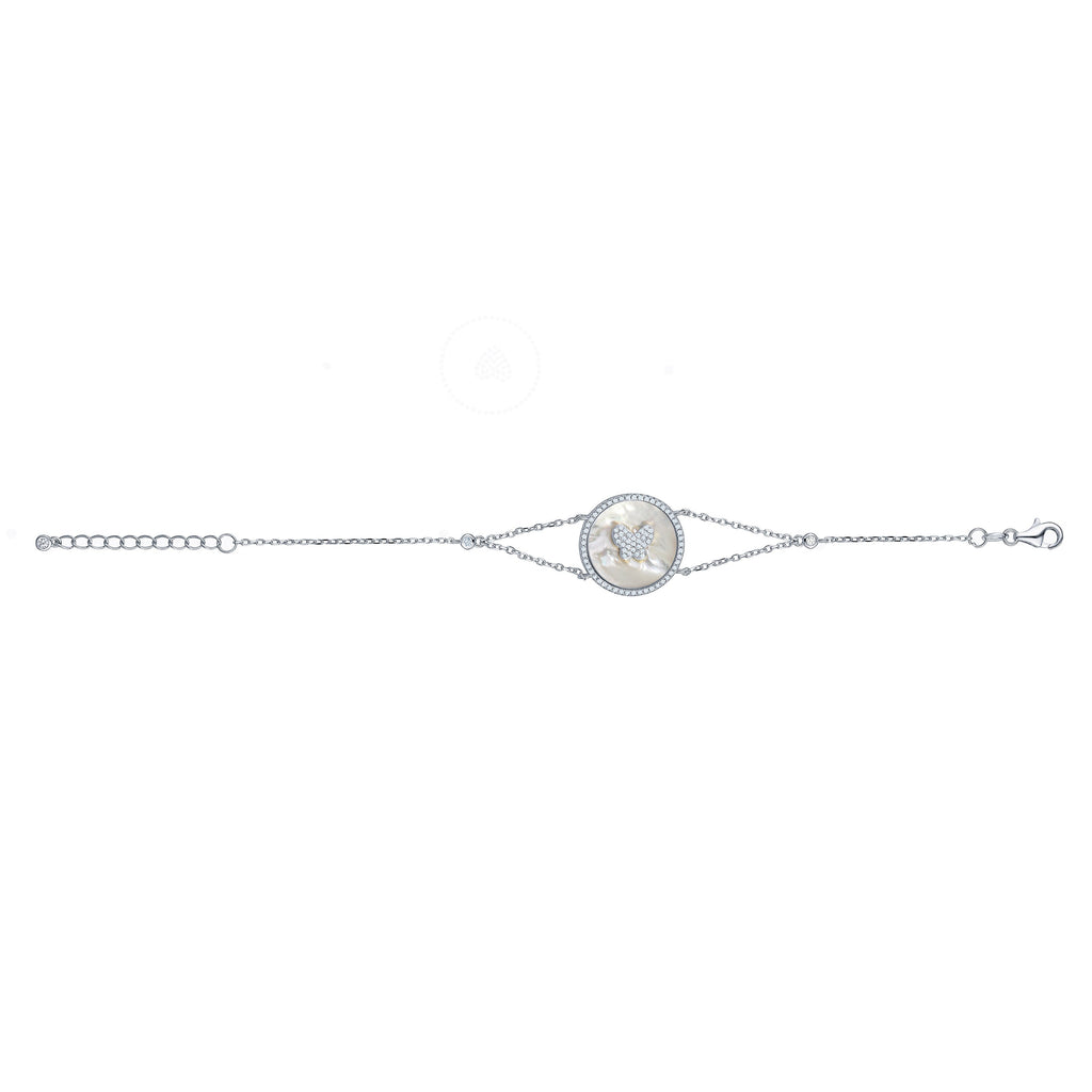 Sterling Silver Bracelet Butterfly in Circle Disc Mother of Pearl Simulated Diamonds Double Chain 7.5"