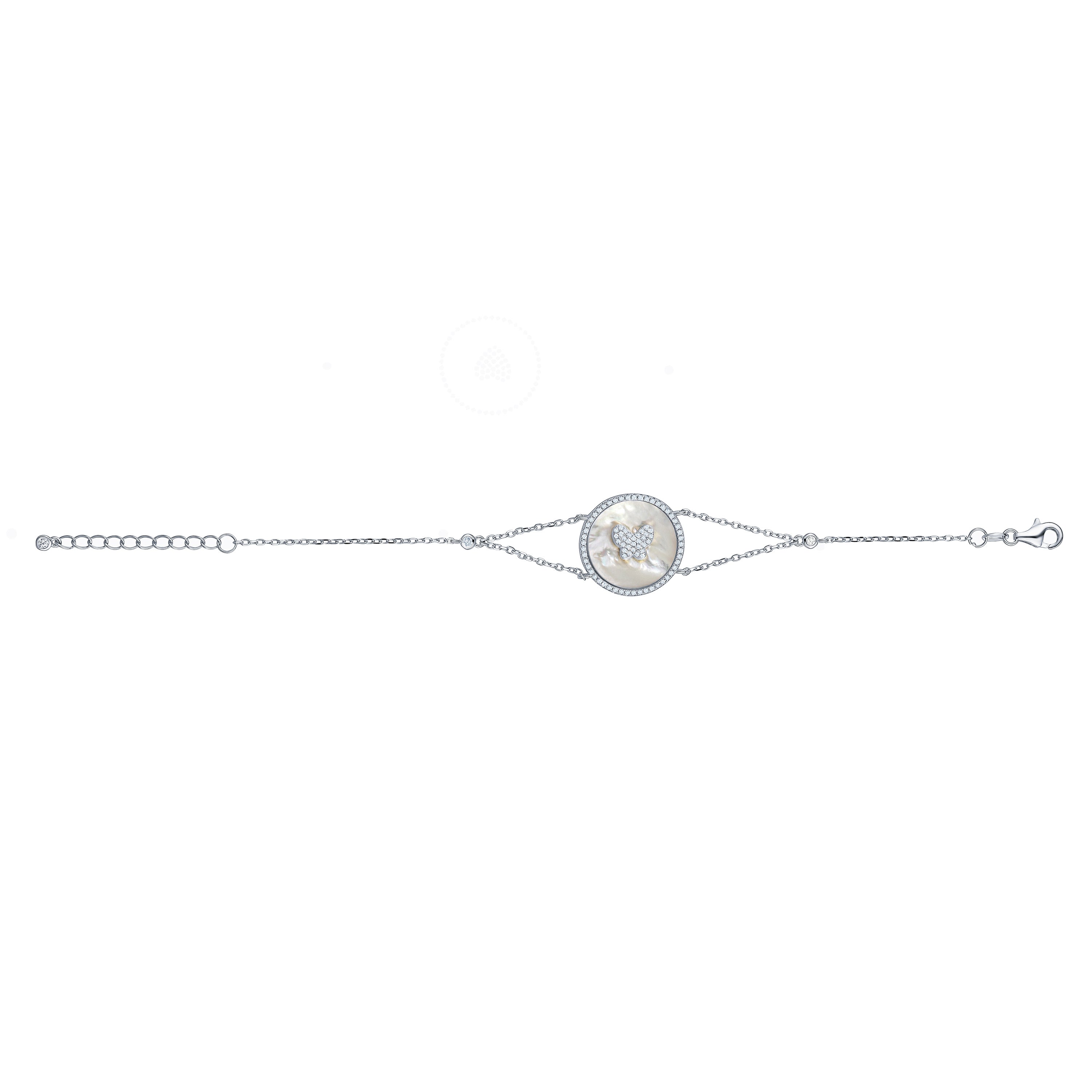 Sterling Silver Bracelet Butterfly in Circle Disc Mother of Pearl Simulated Diamonds Double Chain 7.5"