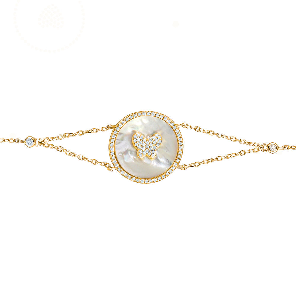 Sterling Silver Bracelet Butterfly in Circle Disc Mother of Pearl Simulated Diamonds Double Chain 7.5"
