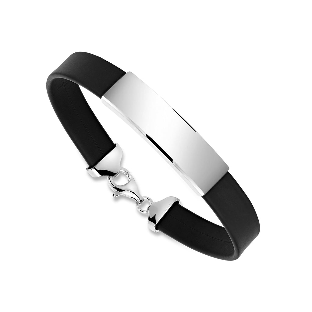 Sterling Silver 925 Men's ID Bracelet - Flat Matte Eco-Friendly Synthetic Leather Band - Engravable