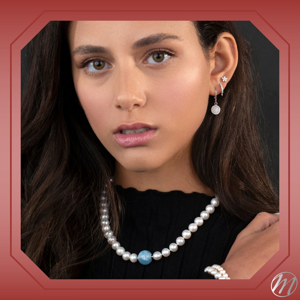 MASSETE White Round Freshwater Cultured Pearl Necklace for Women Aquamarine Sphere Invisible Clasp 10mm 17"