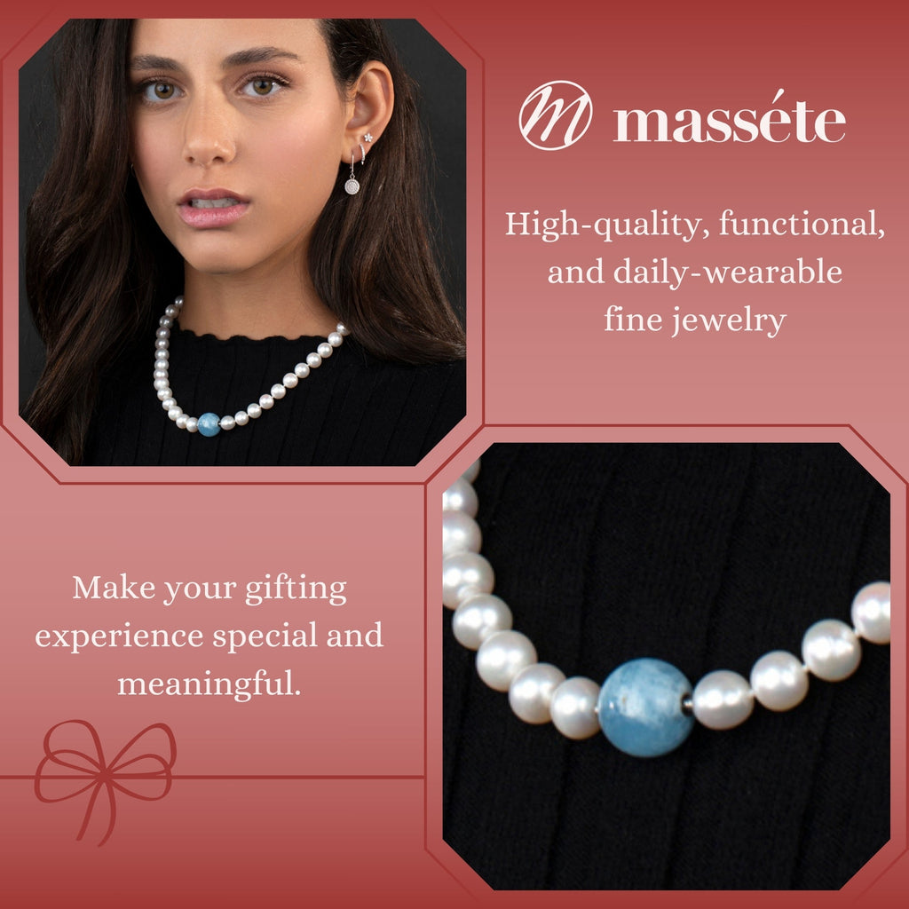 MASSETE White Round Freshwater Cultured Pearl Necklace for Women Aquamarine Sphere Invisible Clasp 10mm 17"
