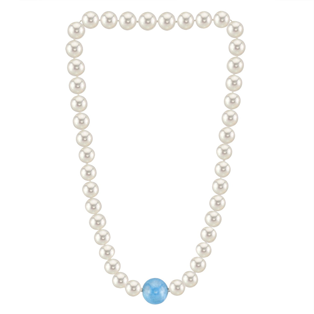 MASSETE White Round Freshwater Cultured Pearl Necklace for Women Aquamarine Sphere Invisible Clasp 10mm 17"