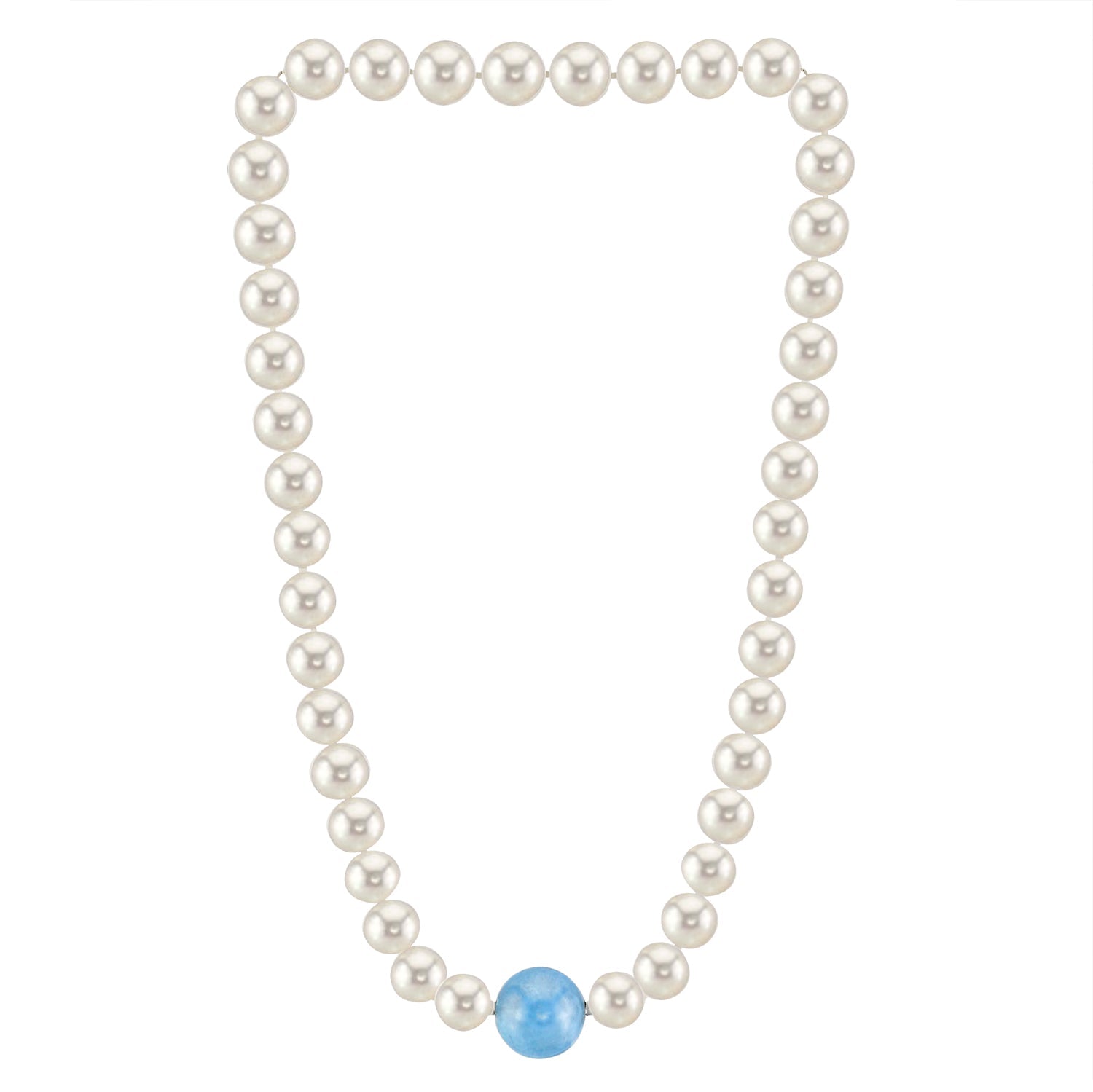 MASSETE White Round Freshwater Cultured Pearl Necklace for Women Aquamarine Sphere Invisible Clasp 10mm 17"
