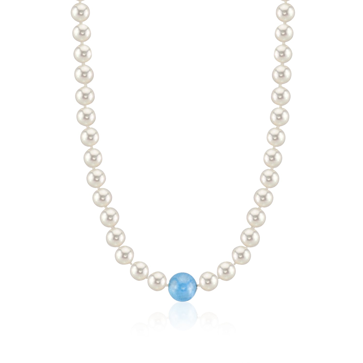 MASSETE White Round Freshwater Cultured Pearl Necklace for Women Aquamarine Sphere Invisible Clasp 10mm 17"