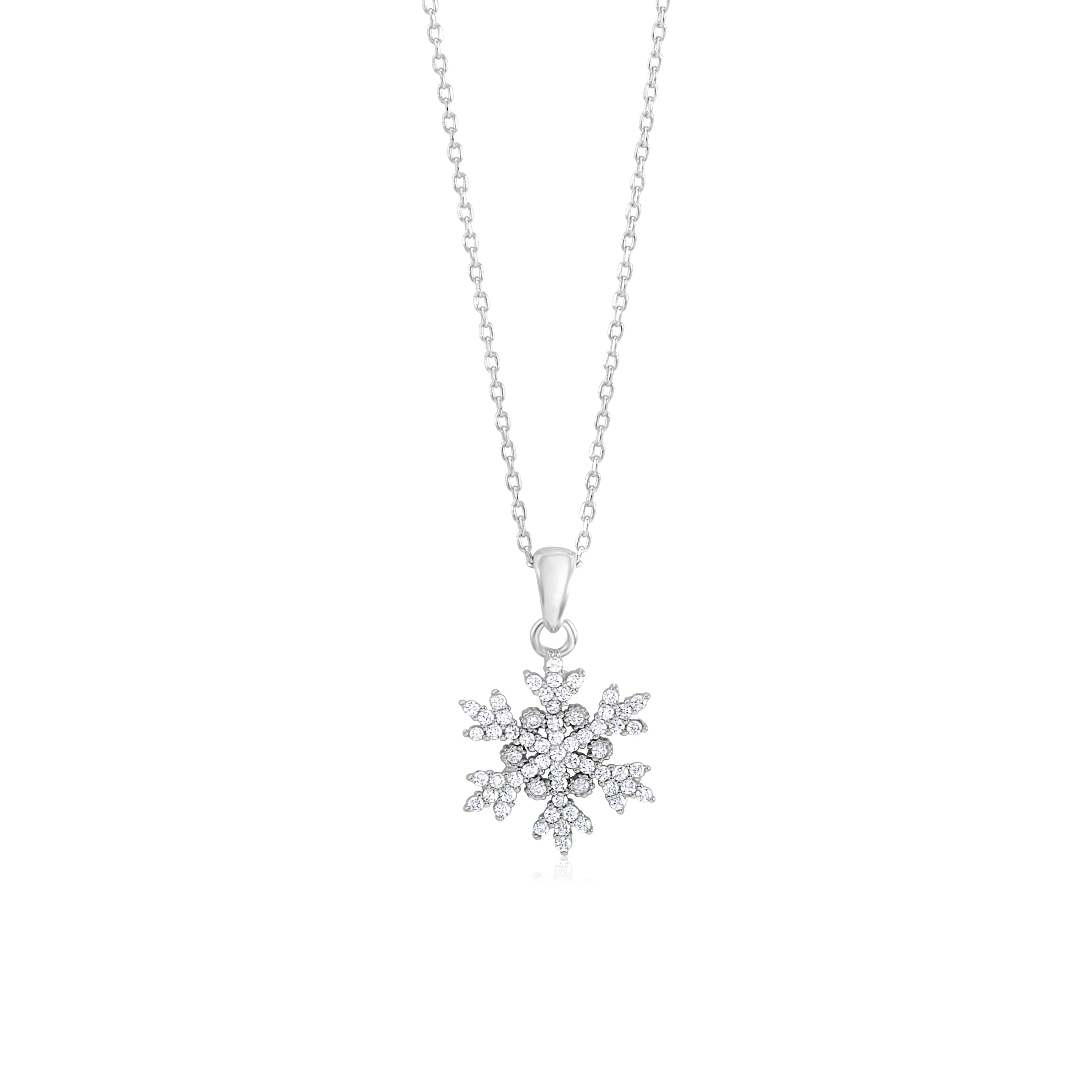 Sterling Silver 925 Pave CZ Snowflake Necklace Pendant on Cable Chain 17.5"