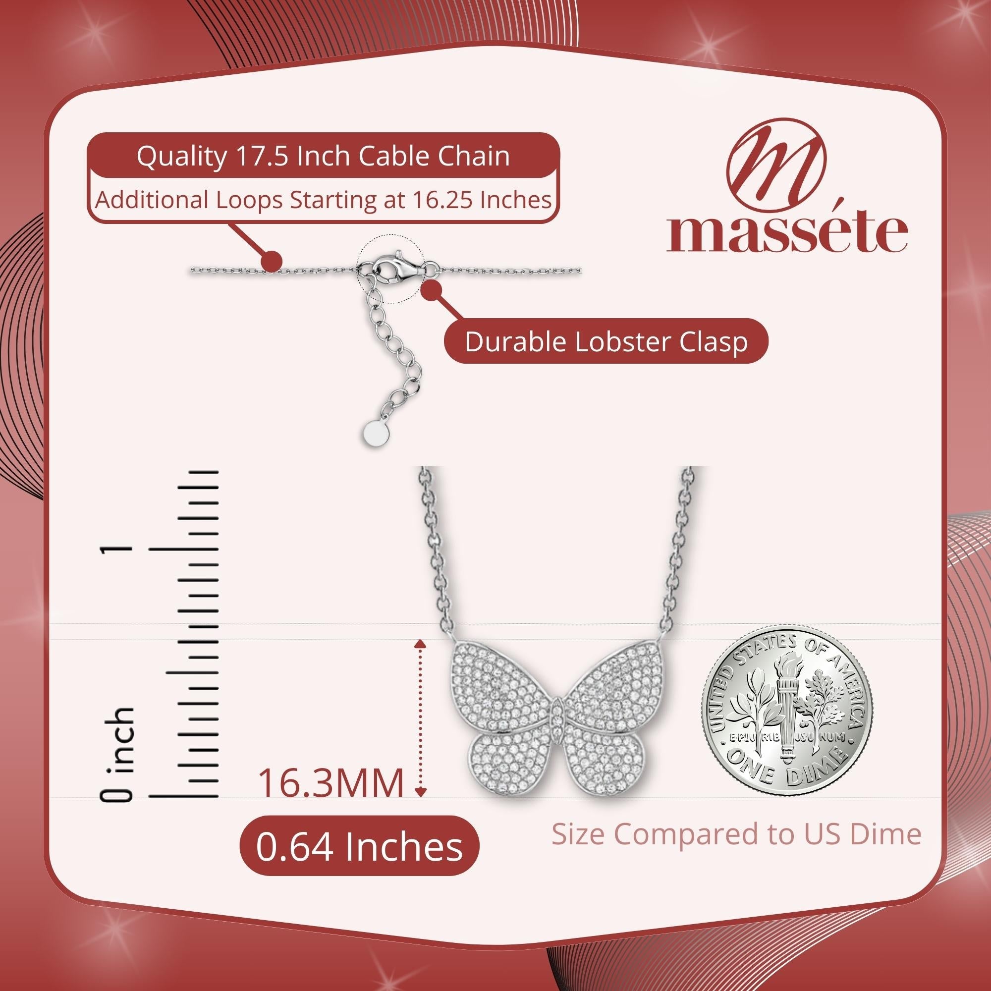 Sterling Silver Necklace Pendant for Girls Large Pretty Butterfly with Simulated Diamonds 17.5"