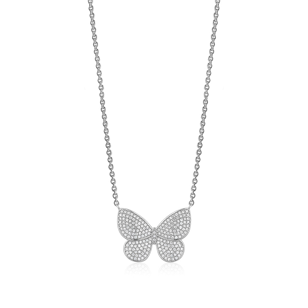 Sterling Silver Necklace Pendant for Girls Large Pretty Butterfly with Simulated Diamonds 17.5"