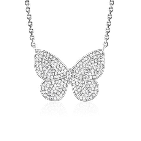 Sterling Silver Necklace Pendant for Girls Large Pretty Butterfly with Simulated Diamonds 17.5"