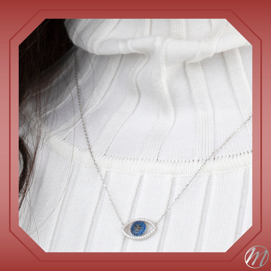 Sterling Silver Necklace Pendant for Girls Symbolic Protective Charm Evil Eye with Simulated Diamonds and Blue Sapphire 17.5"