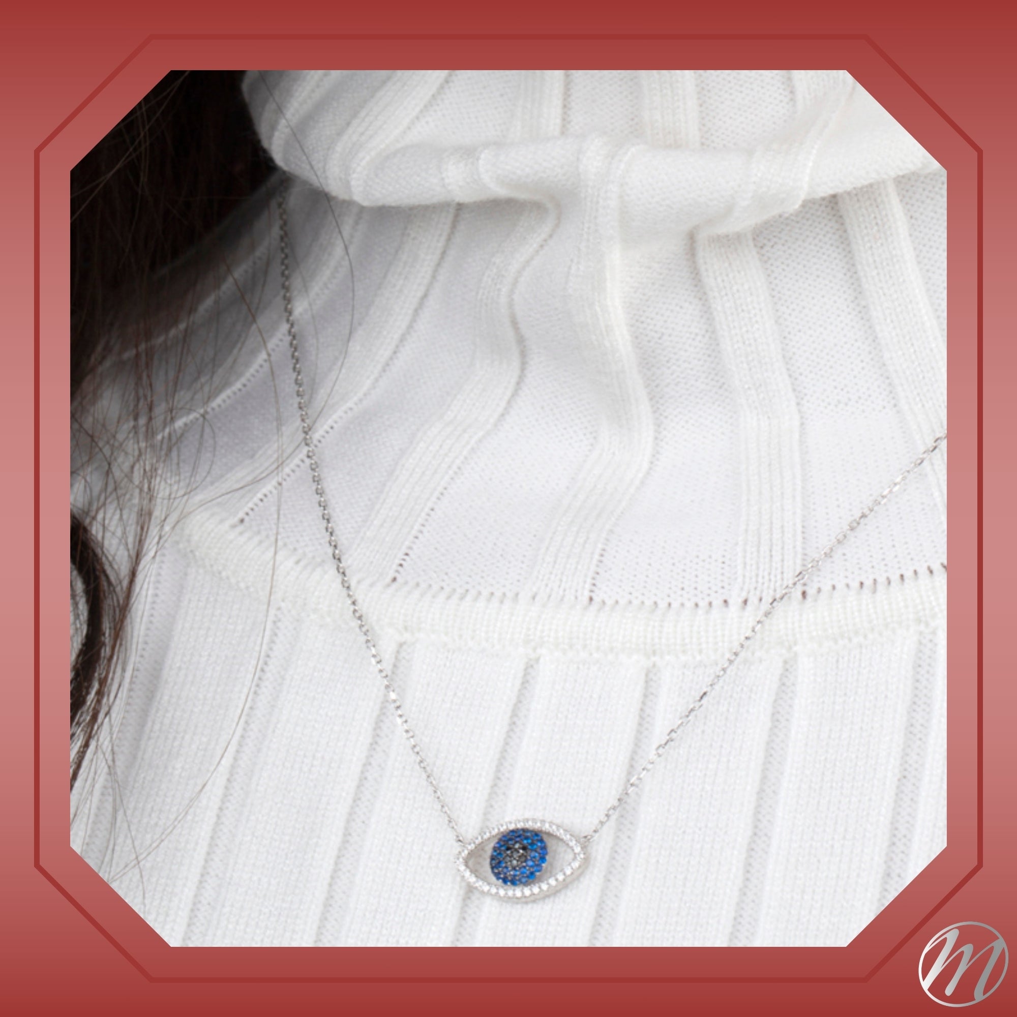 Sterling Silver Necklace Pendant for Girls Symbolic Protective Charm Evil Eye with Simulated Diamonds and Blue Sapphire 17.5"