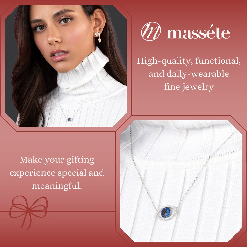 Sterling Silver Necklace Pendant for Girls Symbolic Protective Charm Evil Eye with Simulated Diamonds and Blue Sapphire 17.5"