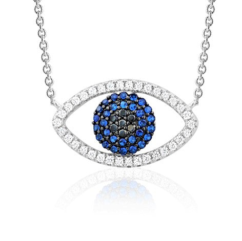Sterling Silver Necklace Pendant for Girls Symbolic Protective Charm Evil Eye with Simulated Diamonds and Blue Sapphire 17.5"