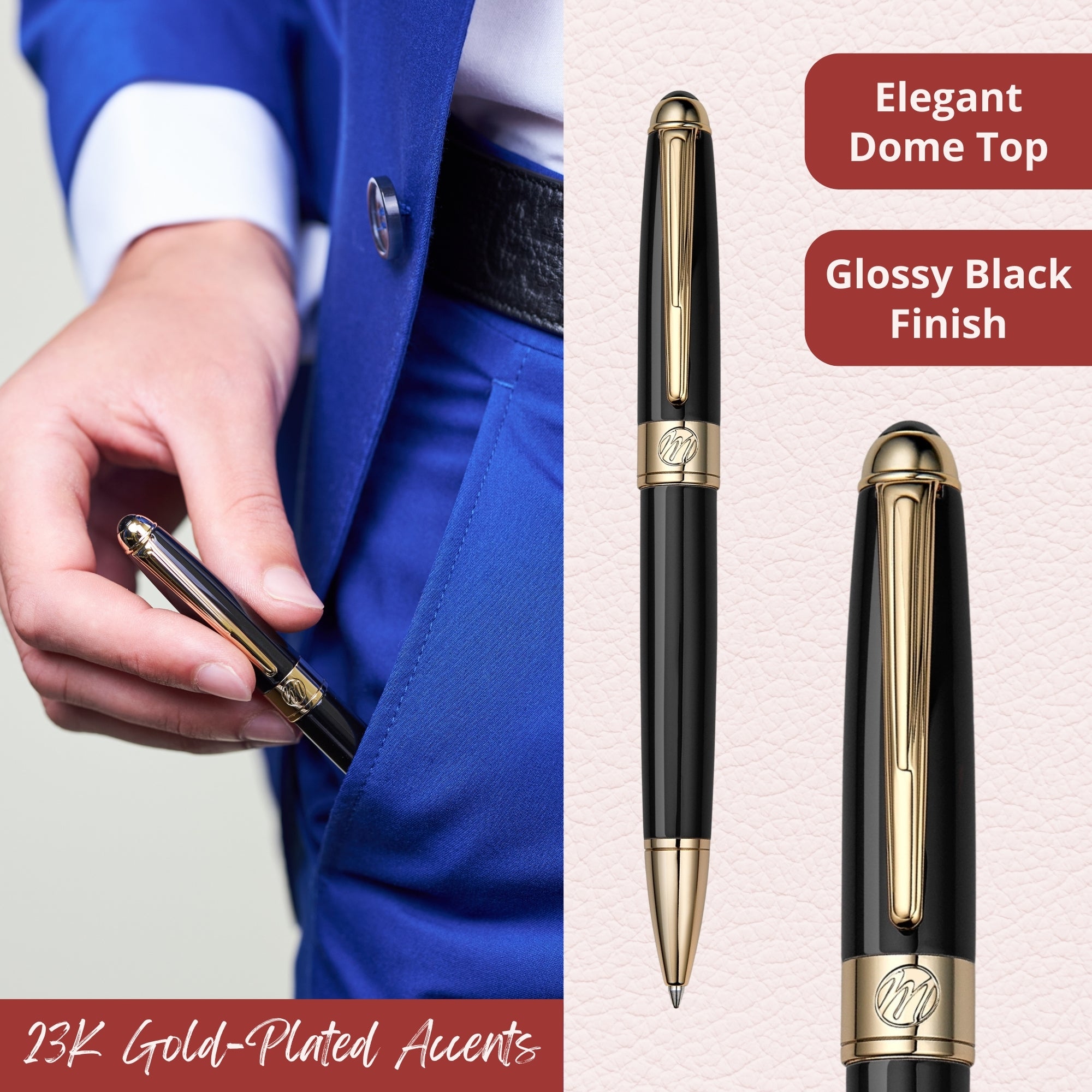 Massete Venero Executive Classic Luxury Ballpoint Pen, Glossy Black, Red, or Blue with 23K Gold Plated Trim, Twist to Open, Engravable, Presented in Gift Box, Extra Refill Included, Medium Tip, Black or Blue Ink
