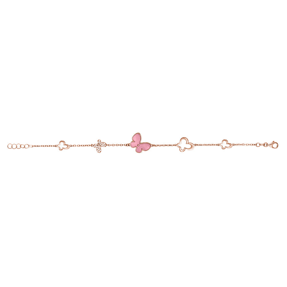 14K Rose Gold Butterfly Bracelet with Pink Mother of Pearl and Simulated Diamonds Italy 7"