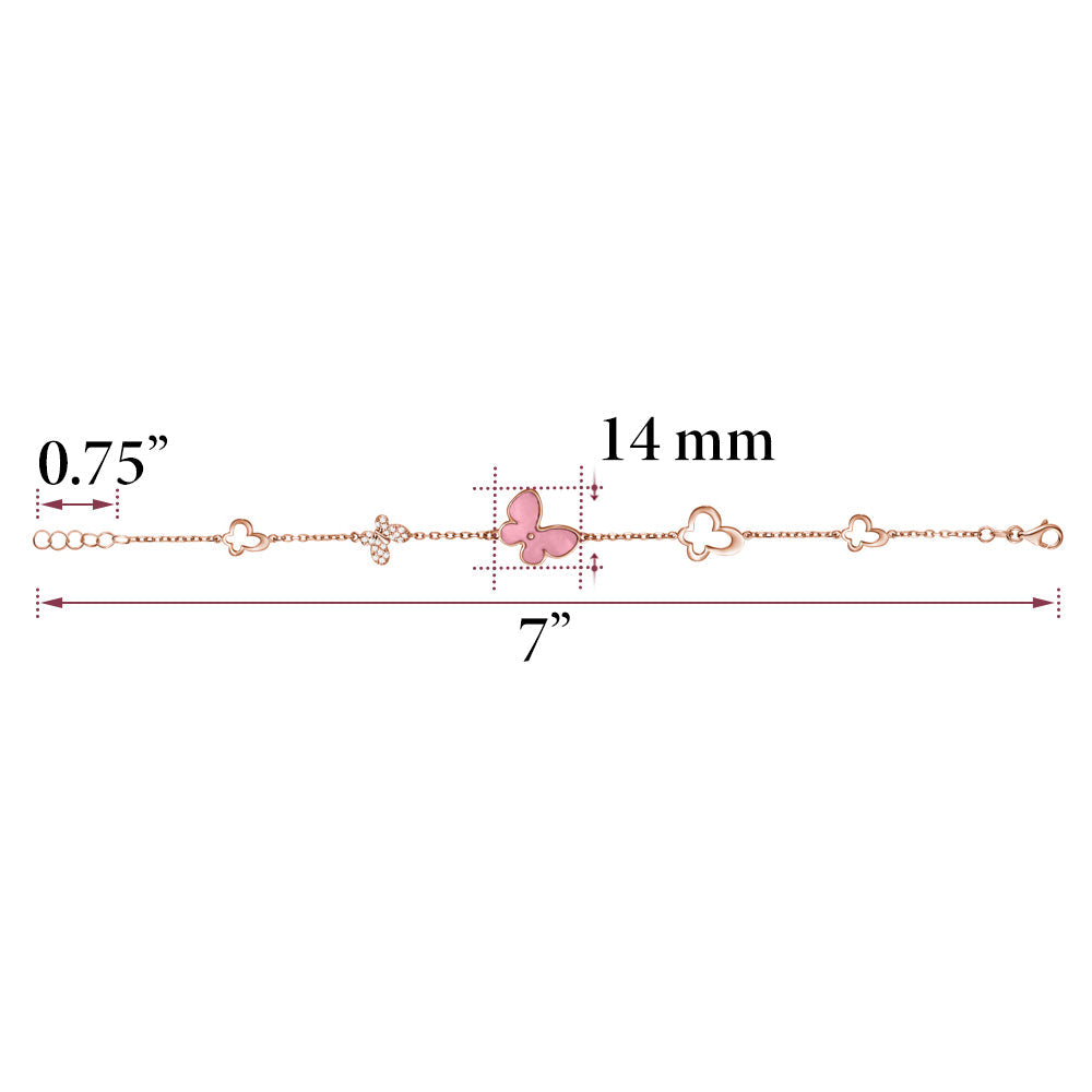 14K Rose Gold Butterfly Bracelet with Pink Mother of Pearl and Simulated Diamonds Italy 7"