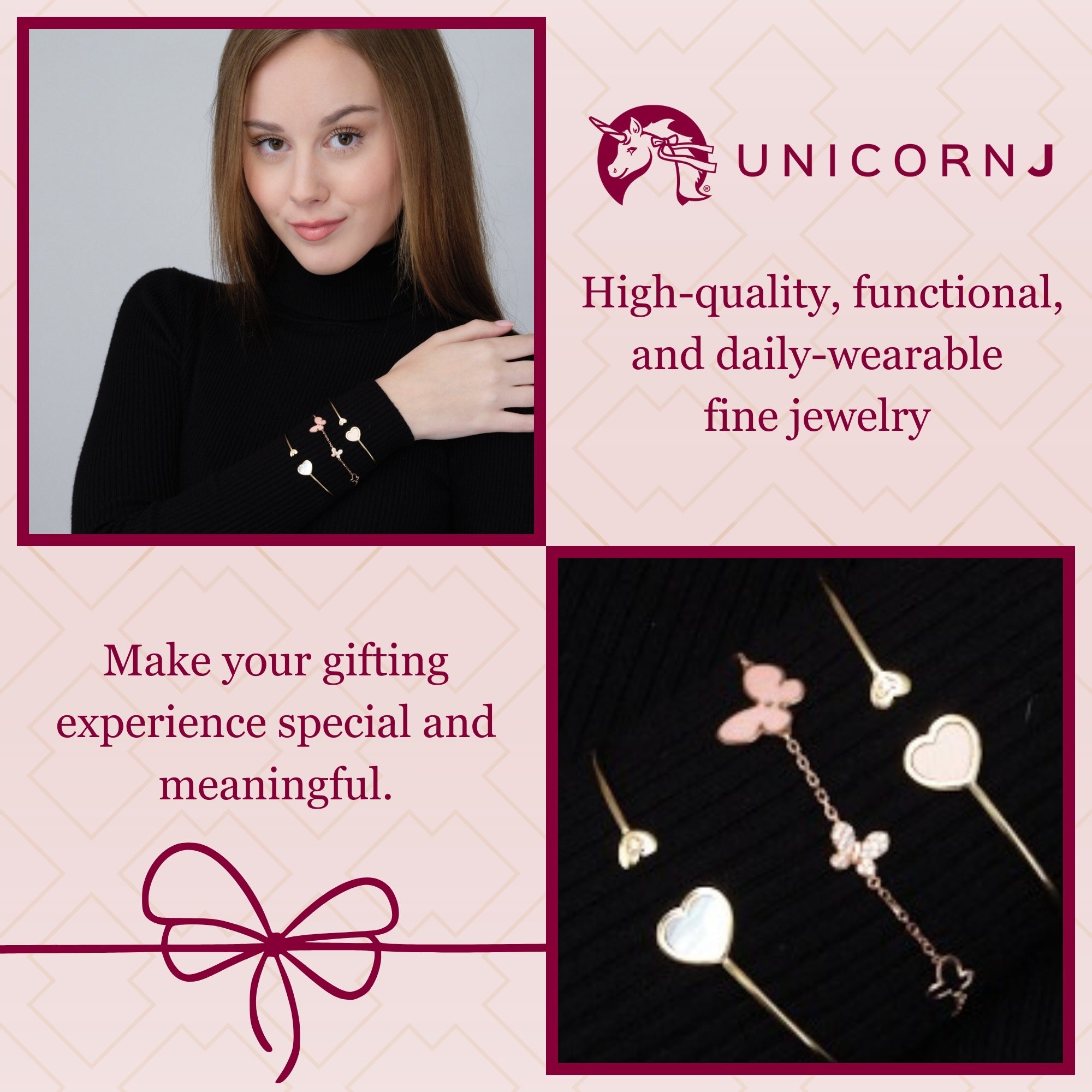 14K Rose Gold Butterfly Bracelet with Pink Mother of Pearl and Simulated Diamonds Italy 7"