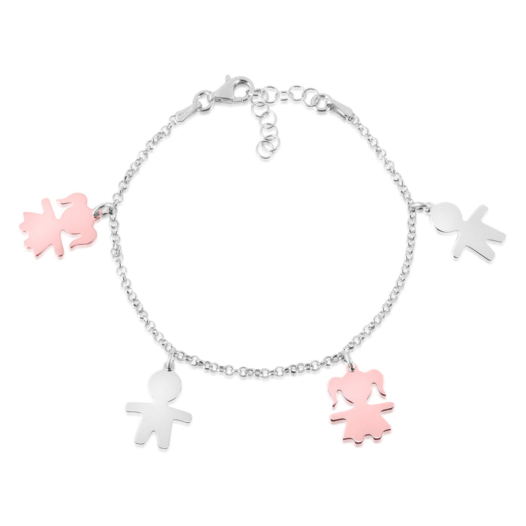 Sterling Silver High Polished Bicolor Rose Gold Plated Girl Boy Silhouette Figure Charm Bracelet 8"