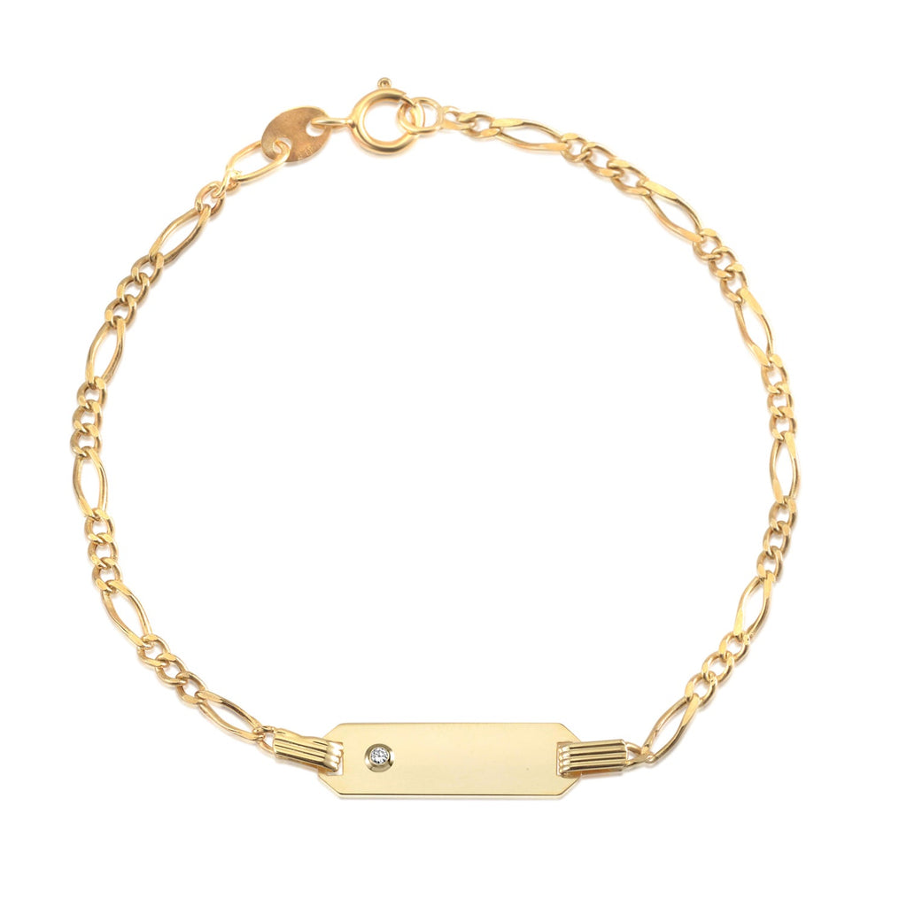 14K Yellow Gold ID Bracelet Figaro Chain Diamond Accent 0.01 ct 5.5" Italy for Boys and Girls