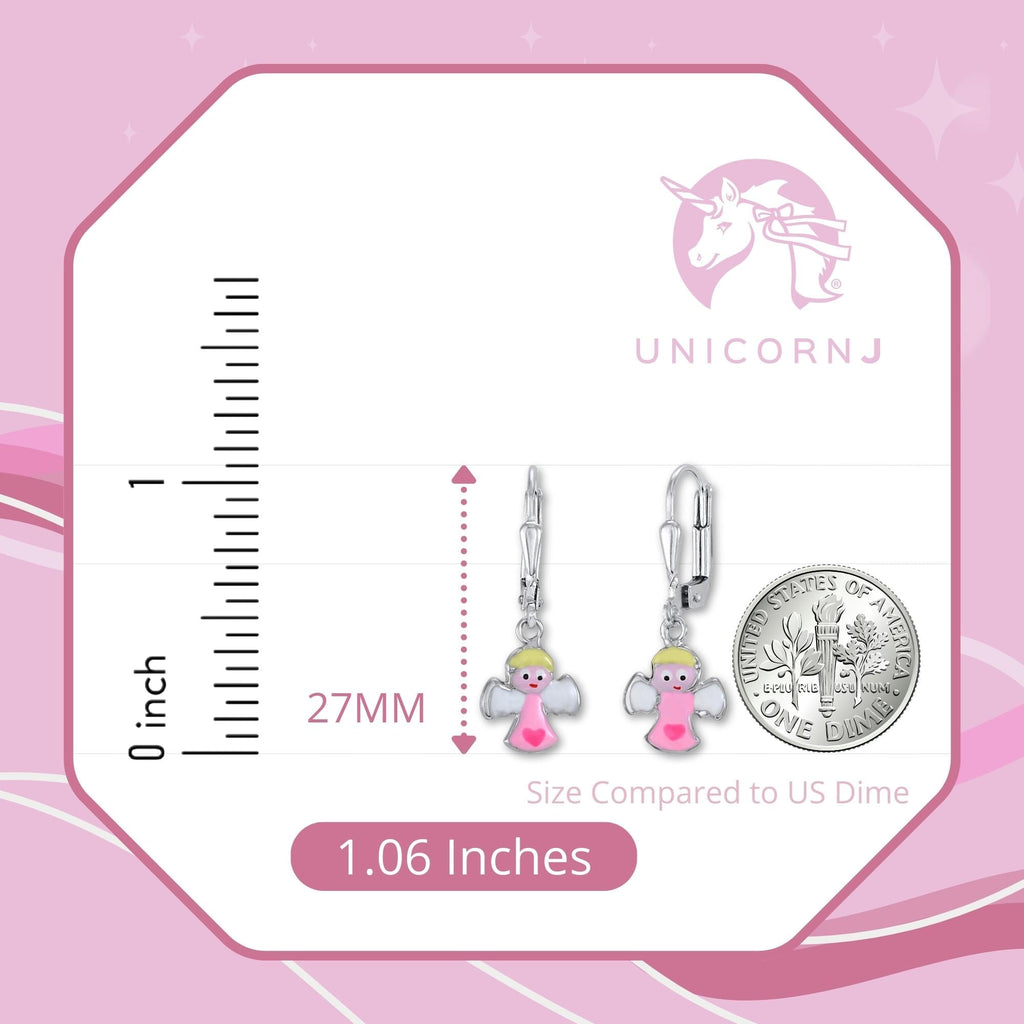Childrens Sterling Silver 925 Cute Guardian Angel Earrings Leverback Dangle with Enamel