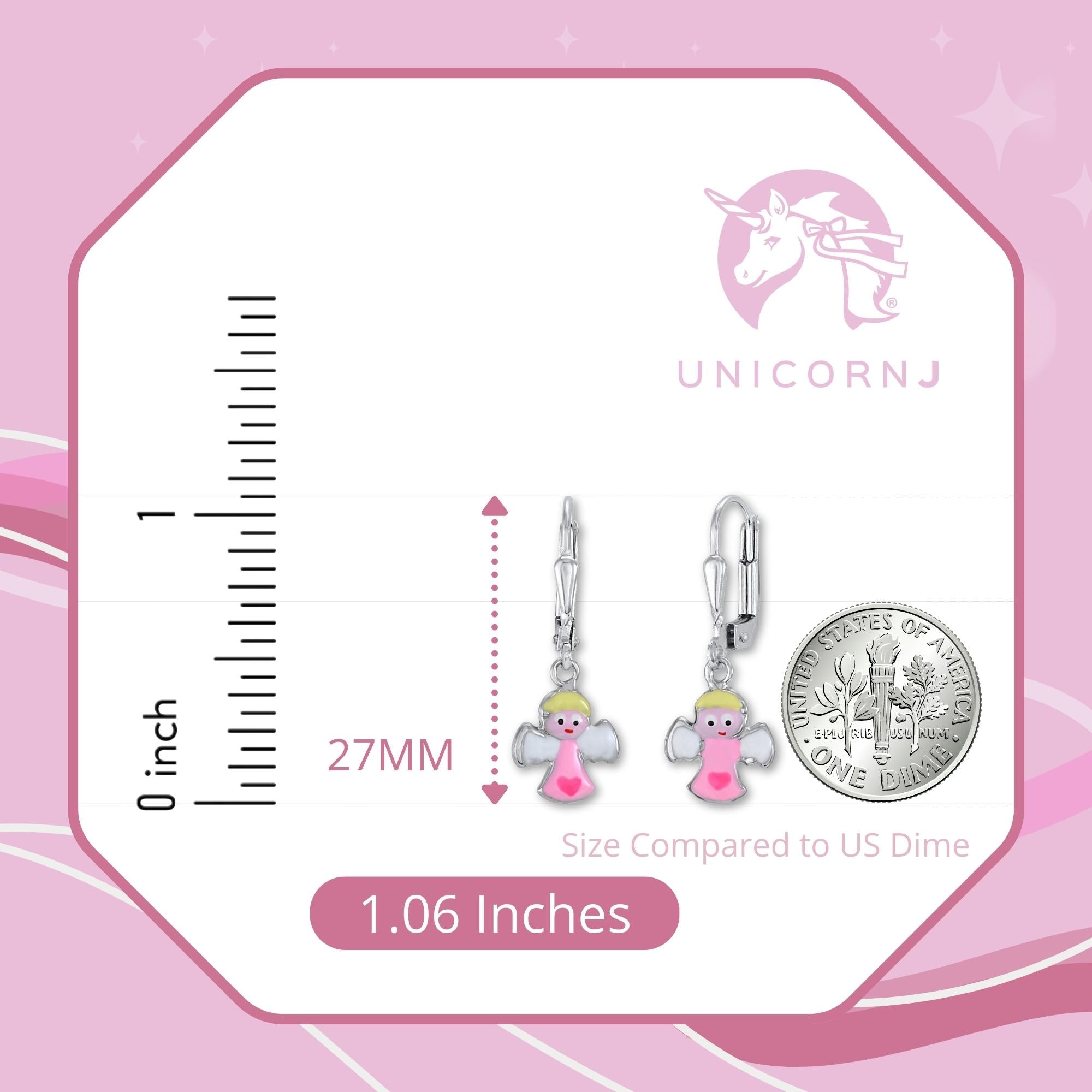 Childrens Sterling Silver 925 Cute Guardian Angel Earrings Leverback Dangle with Enamel