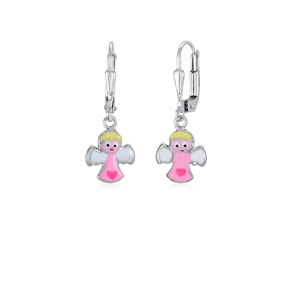 Childrens Sterling Silver 925 Cute Guardian Angel Earrings Leverback Dangle with Enamel