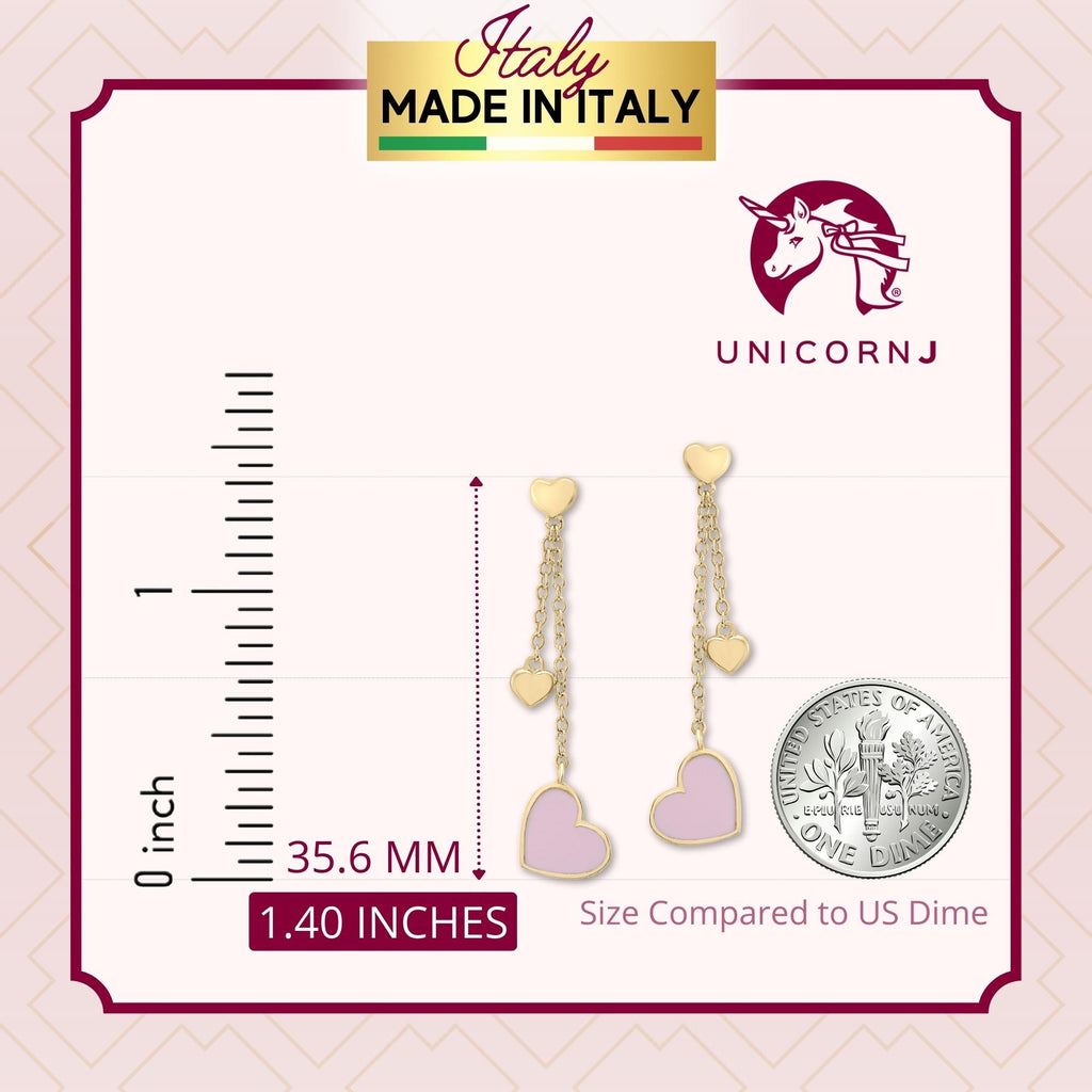 UNICORNJ 14K Yellow Gold Long Double Dangle Drop Heart Earrings with Pink or Red Enamel Italy