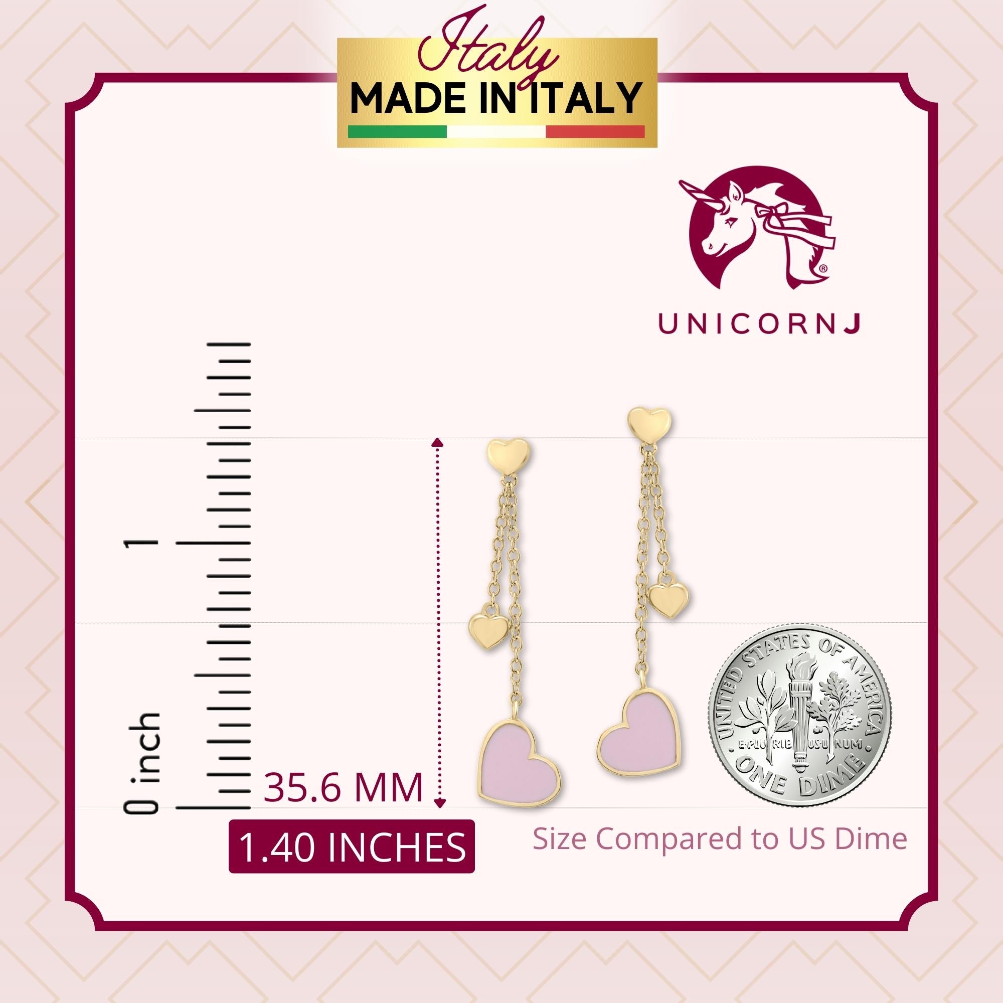UNICORNJ 14K Yellow Gold Long Double Dangle Drop Heart Earrings with Pink or Red Enamel Italy