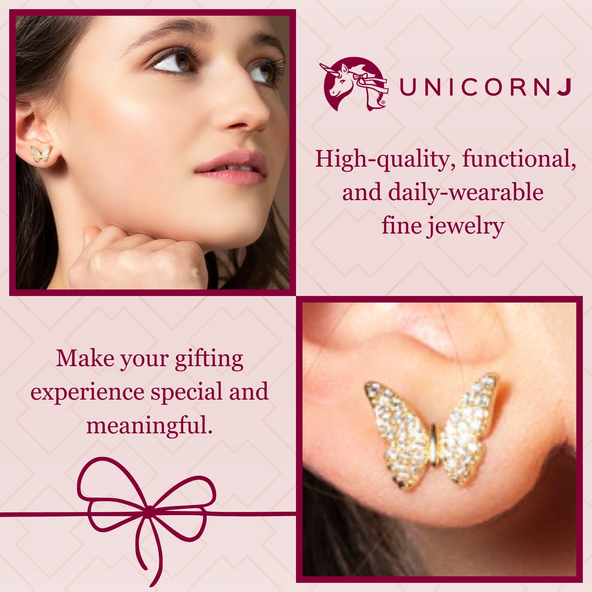 UNICORNJ Childrens 14k White Yellow Gold Cubic Butterfly Stud Post Earrings