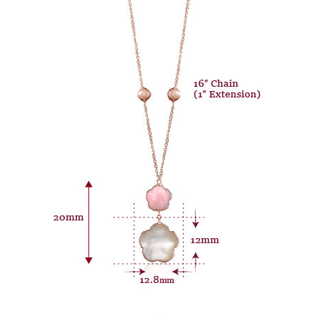 14K Rose Gold Pendant Necklace Double Flower Drop Flower Shape Cabochon Pink Opal and Mother of Pearl Italy 17"
