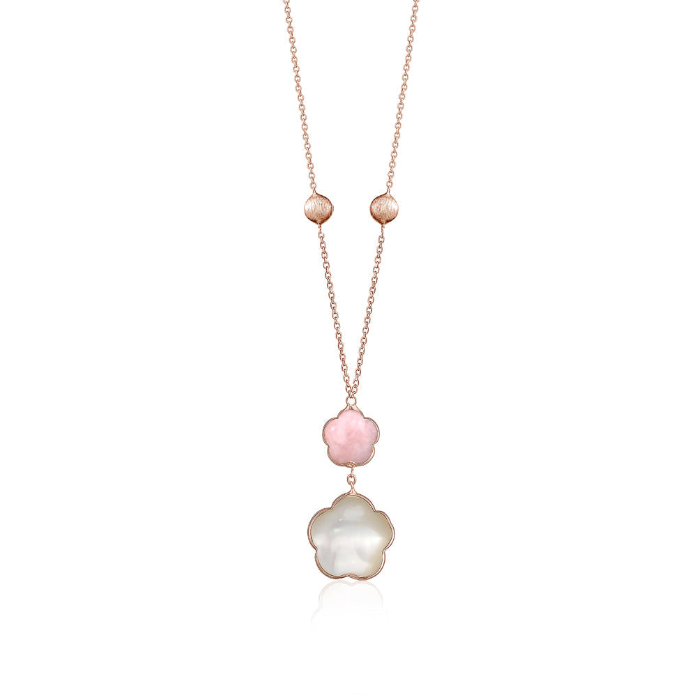 14K Rose Gold Pendant Necklace Double Flower Drop Flower Shape Cabochon Pink Opal and Mother of Pearl Italy 17"