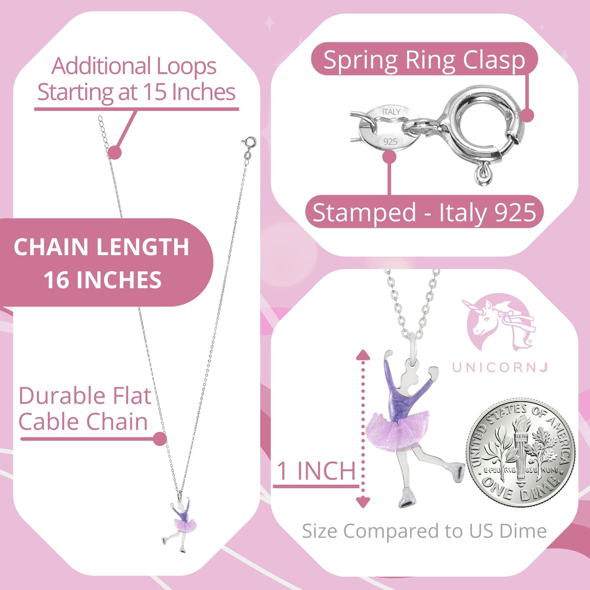 UNICORNJ Childrens Sterling Silver Girl Dancer Skater Necklace Pendant with Enamel 16"