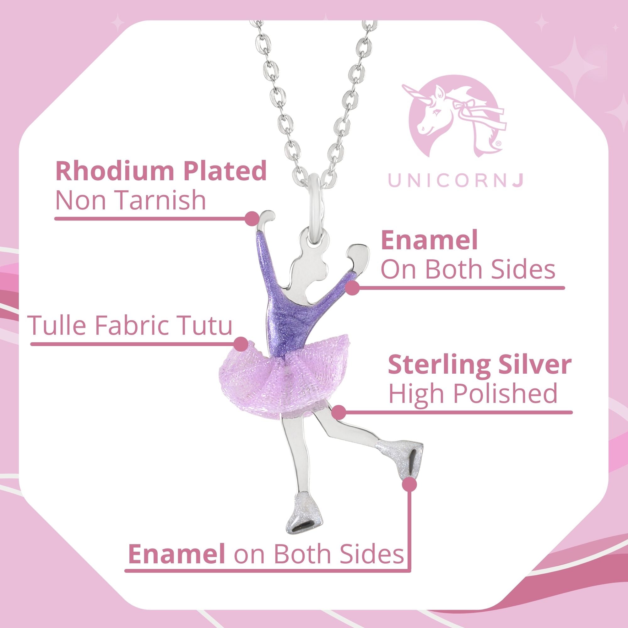 UNICORNJ Childrens Sterling Silver Girl Dancer Skater Necklace Pendant with Enamel 16"