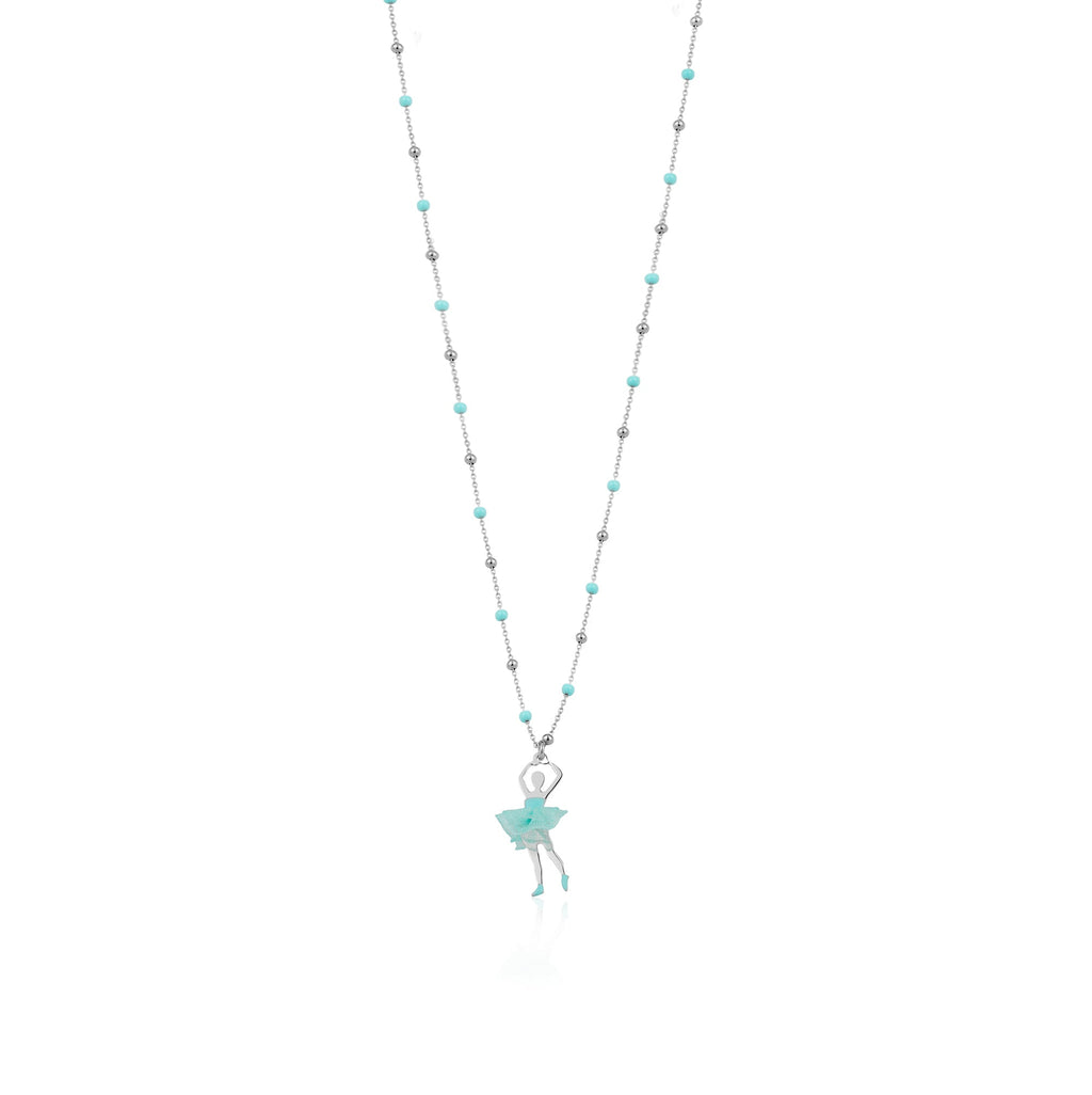 UNICORNJ Sterling Silver Ballerina Ballet Dancer Necklace for Girls Dance Recital Gift Tulle Fabric Tutu and Enamel on Beaded Chain 15.5"