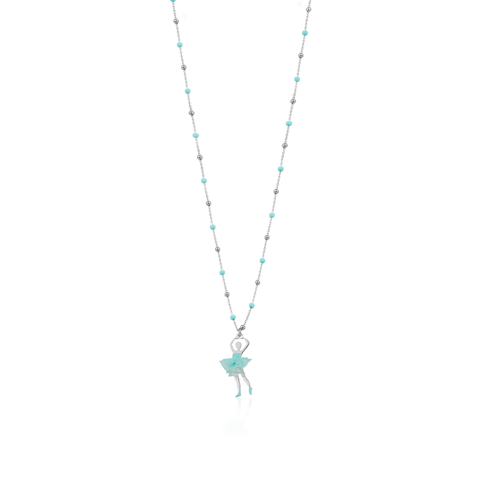 UNICORNJ Sterling Silver Ballerina Ballet Dancer Necklace for Girls Dance Recital Gift Tulle Fabric Tutu and Enamel on Beaded Chain 15.5"