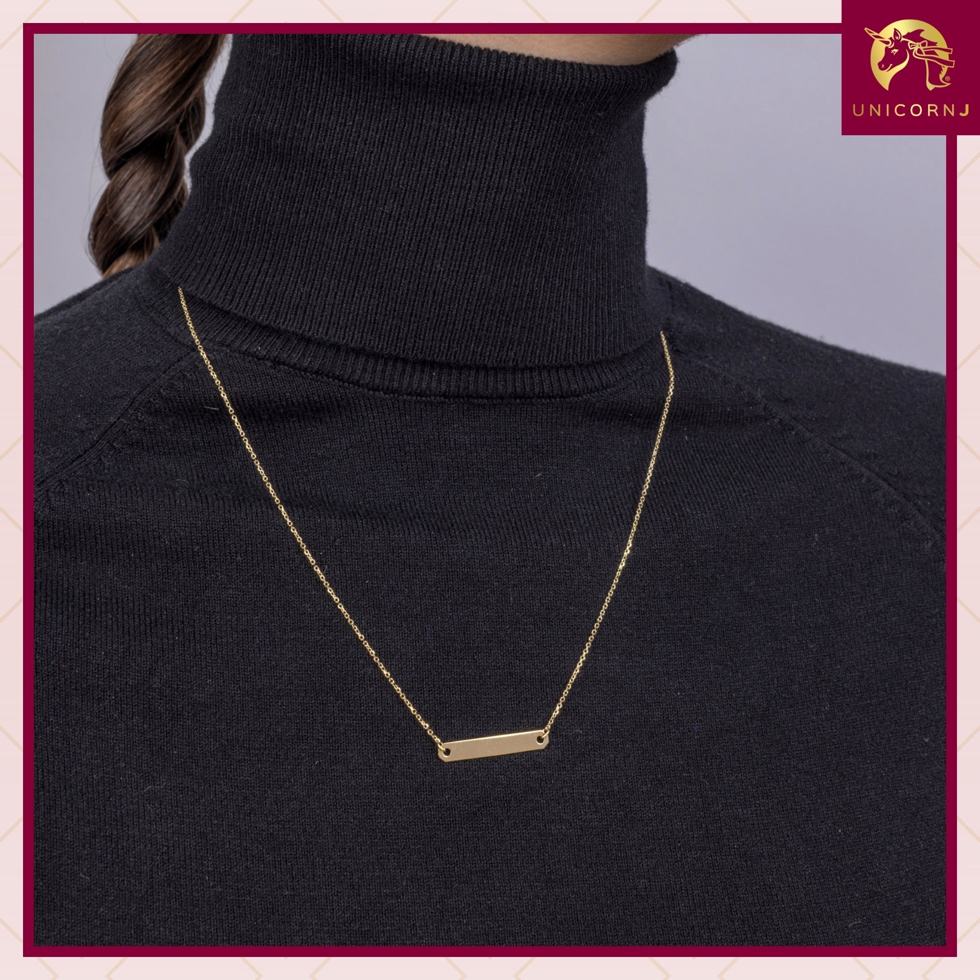 14K Yellow Gold Engravable Personalized Horizontal Bar Pendant Necklace Polished Shiny on Cable Chain Italy