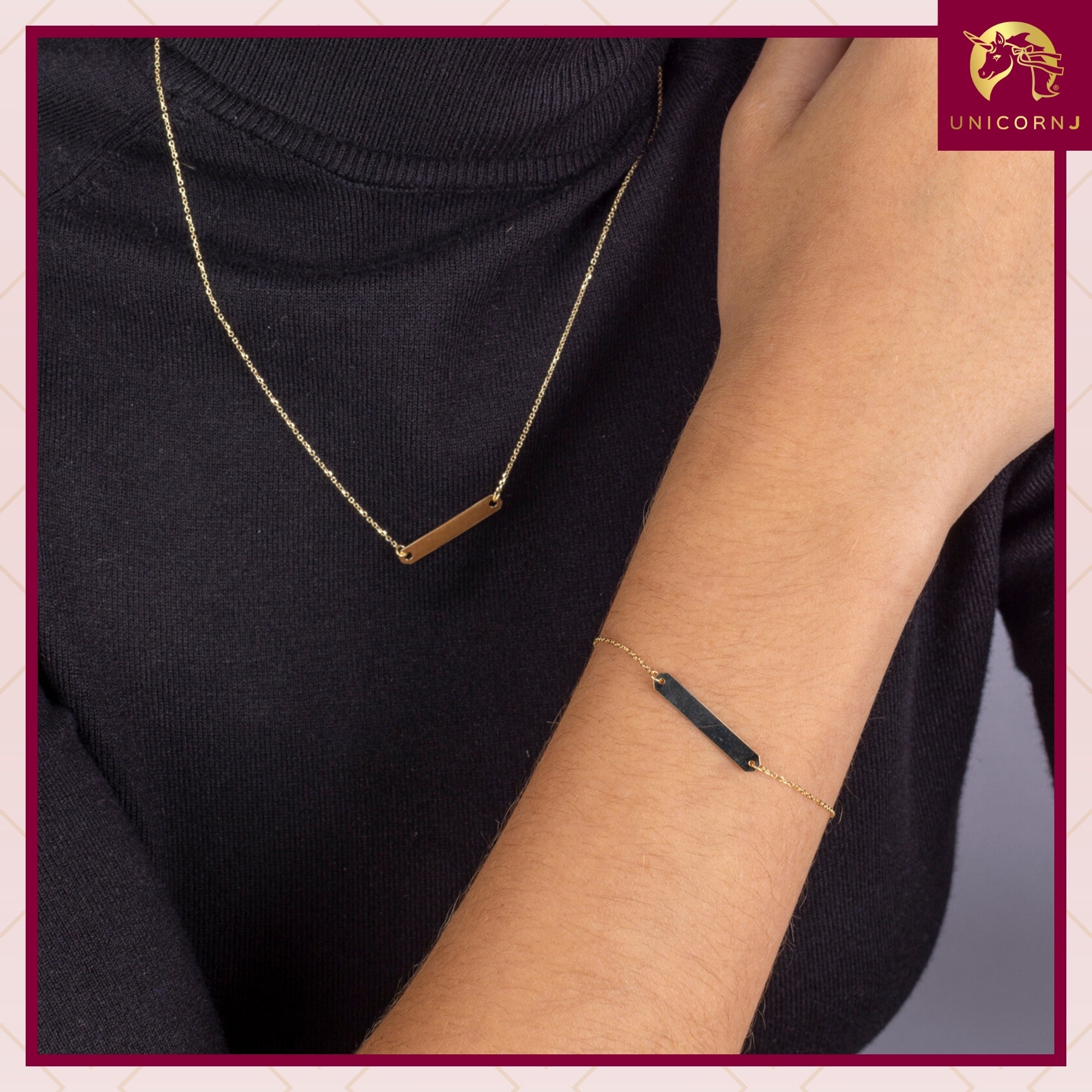 14K Yellow Gold Engravable Personalized Horizontal Bar Pendant Necklace Polished Shiny on Cable Chain Italy