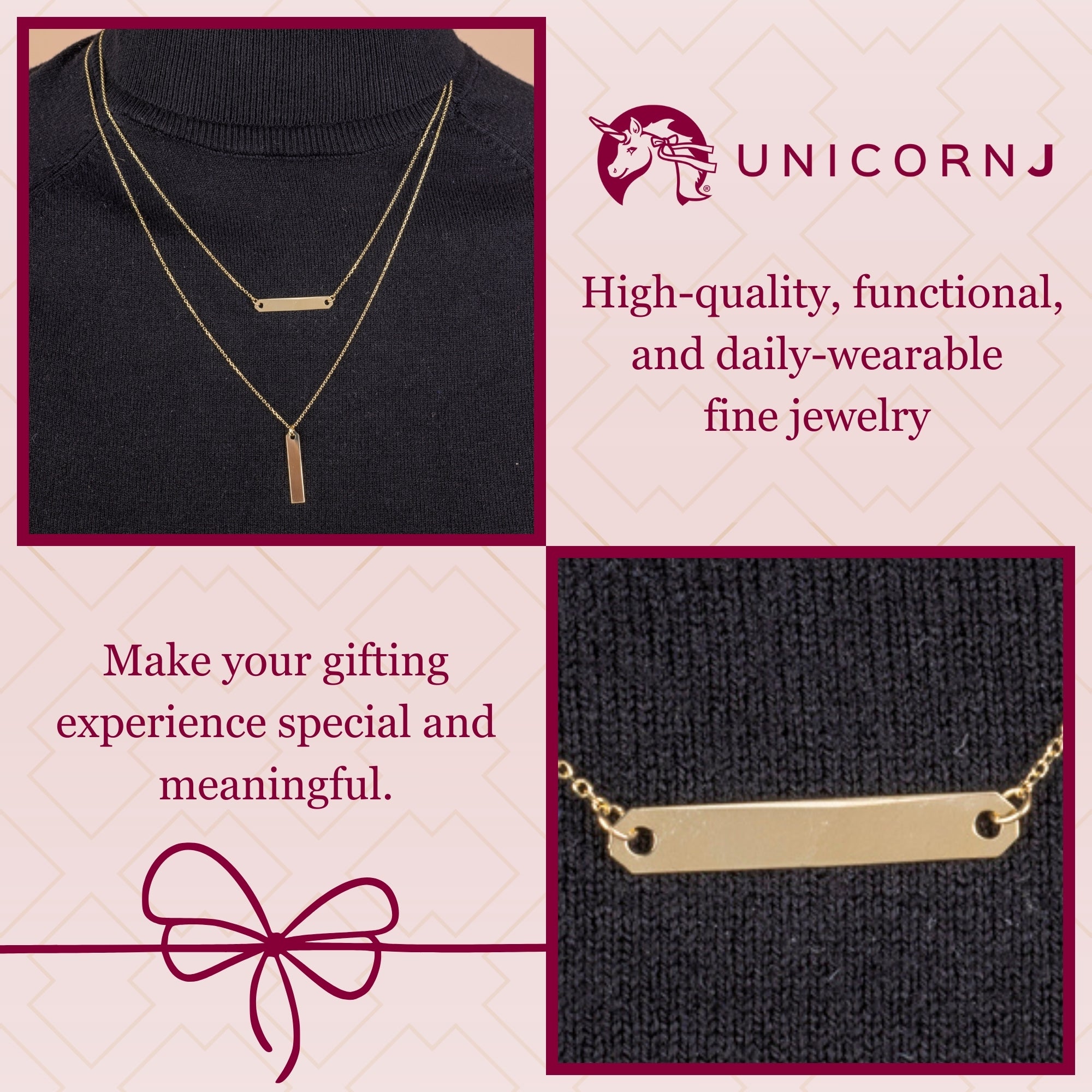 14K Yellow Gold Engravable Personalized Horizontal Bar Pendant Necklace Polished Shiny on Cable Chain Italy